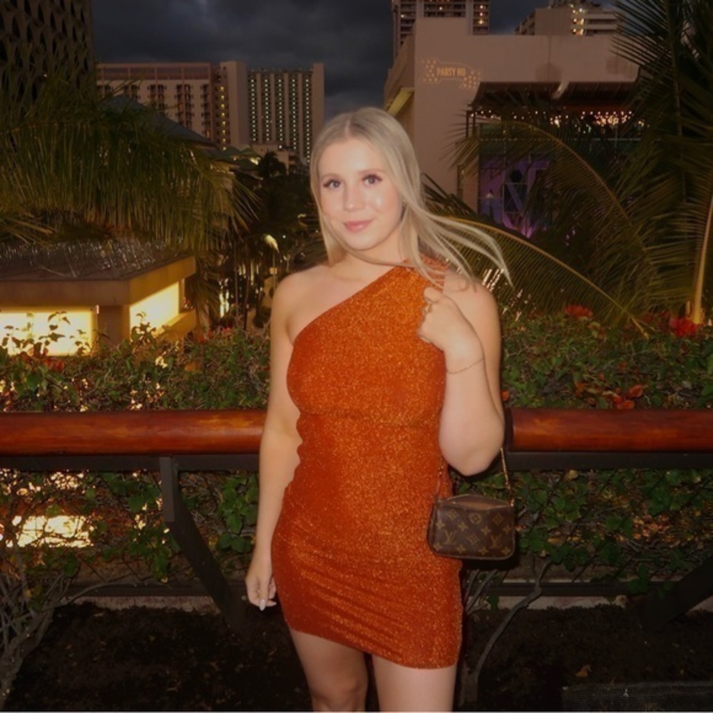 Posse One Shoulder Charlotte Lurex Jersey Sparkle Mini Dress in Ginger Size XXS
